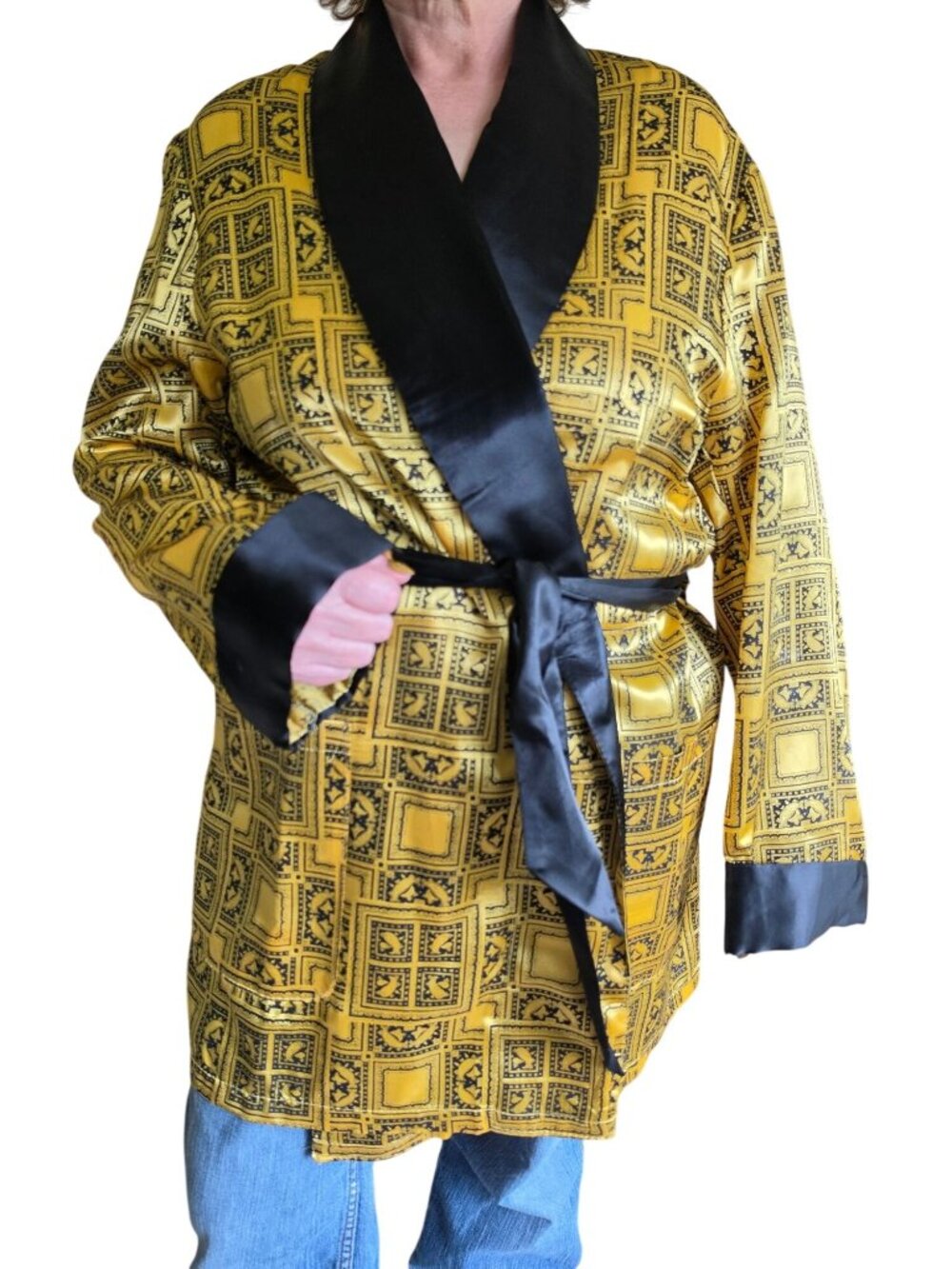 Vtg 70s Sears Satin Smoking Robe Gold Black Baroque Hefner Playboy Pattern M L